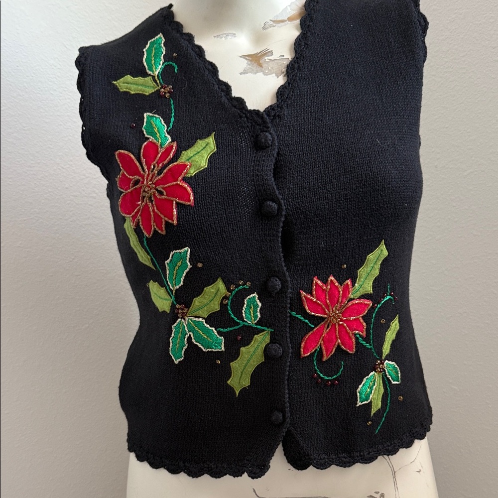 DesignersOriginalsStudioJoy Vintage Black Sweater Vest Red Poinsettia Embroidery